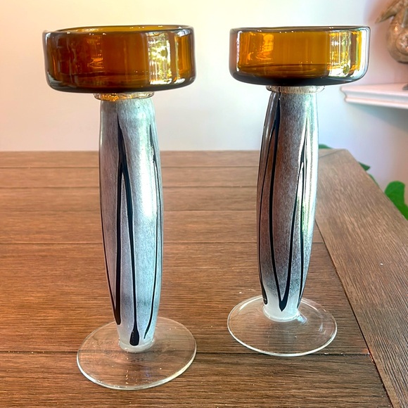Handblown Amber candleholders. 10 inches tall by 4 inches wide. - Picture 2 of 7